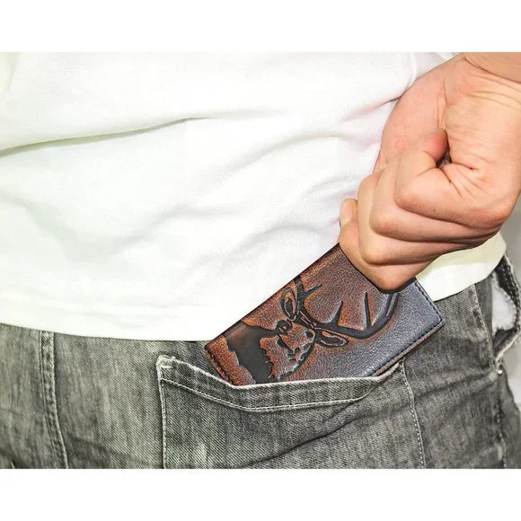 Men Full Grain Leather with Hand Burnished TriFold  Black and Brown color Wallet - Picture 6 of 7